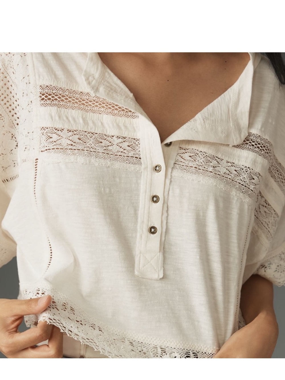 Anthropologie Cream Lace-Trim Button Henley Blouse